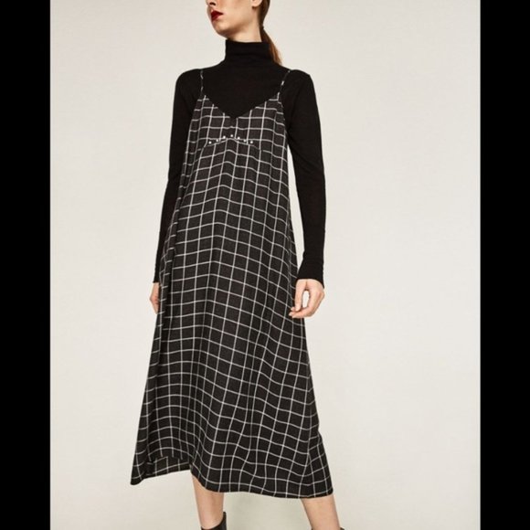 Black and White Plaid Flannel Spaghetti Strap Midi / Maxi Slip Dress - Picture 1 of 12